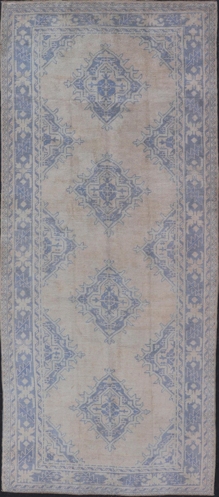 Measures: 5'0 x 12'5 Turkish Oushak Gallery Rug in Muted Blue and Cream with Geometric Design. Country of Origin: Turkey; Type: Oushak; Design: Medallion; Keivan Woven Arts: rug EN - 176948; This beautiful vintage Oushak was hand - knotted in Tu... - Keivan Woven ArtsEN - 176948 - 21913Rug