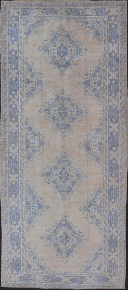 Measures: 5'0 x 12'5 Turkish Oushak Gallery Rug in Muted Blue and Cream with Geometric Design. Country of Origin: Turkey; Type: Oushak; Design: Medallion; Keivan Woven Arts: rug EN - 176948; This beautiful vintage Oushak was hand - knotted in Tu... - Keivan Woven ArtsEN - 176948 - 21913Rug