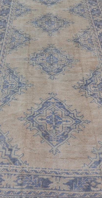 Measures: 5'0 x 12'5 Turkish Oushak Gallery Rug in Muted Blue and Cream with Geometric Design. Country of Origin: Turkey; Type: Oushak; Design: Medallion; Keivan Woven Arts: rug EN - 176948; This beautiful vintage Oushak was hand - knotted in Tu... - Keivan Woven ArtsEN - 176948 - 21913Rug