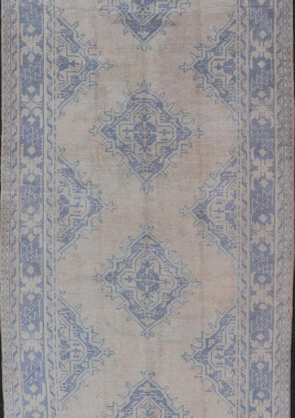 Measures: 5'0 x 12'5 Turkish Oushak Gallery Rug in Muted Blue and Cream with Geometric Design. Country of Origin: Turkey; Type: Oushak; Design: Medallion; Keivan Woven Arts: rug EN - 176948; This beautiful vintage Oushak was hand - knotted in Tu... - Keivan Woven ArtsEN - 176948 - 21913Rug