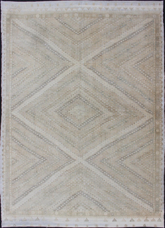 Tan, Taupe, Gray Vintage Turkish Embroidered Rug with Geometric Diamond Design. Embroidered vintage Flat Weave rug from Turkey in shades of tan, taupe, Gray cream and neutrals with geometric pattern, Keivan Woven Arts / rug EN - 176959, country of or... - Keivan Woven ArtsEN - 176959 - 11960Rug