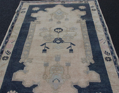 Blue and Cream Medallion Vintage Turkish Hand Knotted Oushak Rug With Tribal Geometric Design Tribal Geometric Medallion design Turkish vintage Oushak in blue and cream, Keivan Woven Arts / rug EN - 176963, country of origin / type: Turkey / Ousha... - Keivan Woven ArtsEN - 176963 - 11819Rug
