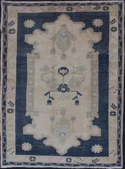 Blue and Cream Medallion Vintage Turkish Hand Knotted Oushak Rug With Tribal Geometric Design Tribal Geometric Medallion design Turkish vintage Oushak in blue and cream, Keivan Woven Arts / rug EN - 176963, country of origin / type: Turkey / Ousha... - Keivan Woven ArtsEN - 176963 - 11819Rug