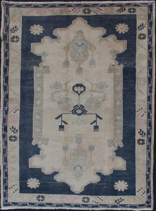 Blue and Cream Medallion Vintage Turkish Hand Knotted Oushak Rug With Tribal Geometric Design Tribal Geometric Medallion design Turkish vintage Oushak in blue and cream, Keivan Woven Arts / rug EN - 176963, country of origin / type: Turkey / Ousha... - Keivan Woven ArtsEN - 176963 - 11819Rug