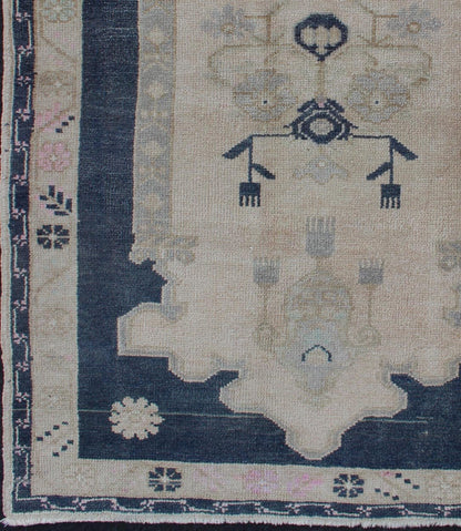 Blue and Cream Medallion Vintage Turkish Hand Knotted Oushak Rug With Tribal Geometric Design Tribal Geometric Medallion design Turkish vintage Oushak in blue and cream, Keivan Woven Arts / rug EN - 176963, country of origin / type: Turkey / Ousha... - Keivan Woven ArtsEN - 176963 - 11819Rug