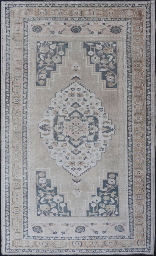 Vintage Turkish Oushak Rug in Dark Gray Blue, Taupe, Khaki & Lt. Brown Vintage Oushak Turkish rug in cream, taupe and gray blue, Steel blue, Keivan Woven Arts/rug EN - 178024, country of origin / type: Turkey / Oushak, circa 1940. Medallion ousha... - Keivan Woven ArtsEN - 178024 - 14410Rug
