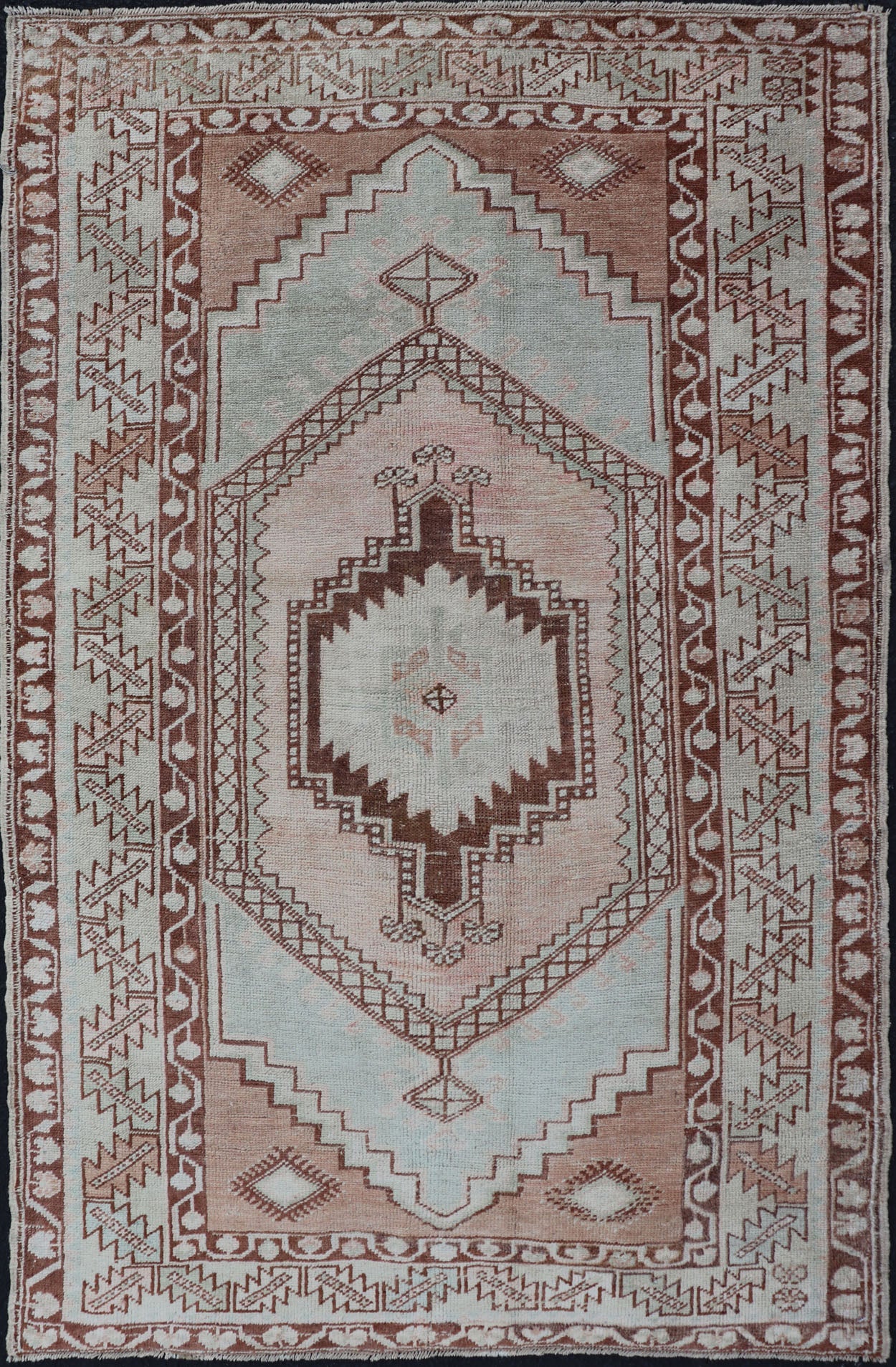 Turkish Oushak vintage rug with Traditional Design in Muted Blue, Brown, salmon. Vintage Muted color antique Turkish Oushak carpet with traditional floral medallion design, rug EN - 178029, country of origin / type: Turkey / Oushak, circa 1940 ... - Keivan Woven ArtsEN - 178029 - 14414Rug