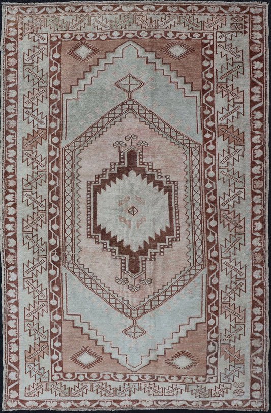 Turkish Oushak vintage rug with Traditional Design in Muted Blue, Brown, salmon. Vintage Muted color antique Turkish Oushak carpet with traditional floral medallion design, rug EN - 178029, country of origin / type: Turkey / Oushak, circa 1940 ... - Keivan Woven ArtsEN - 178029 - 14414Rug