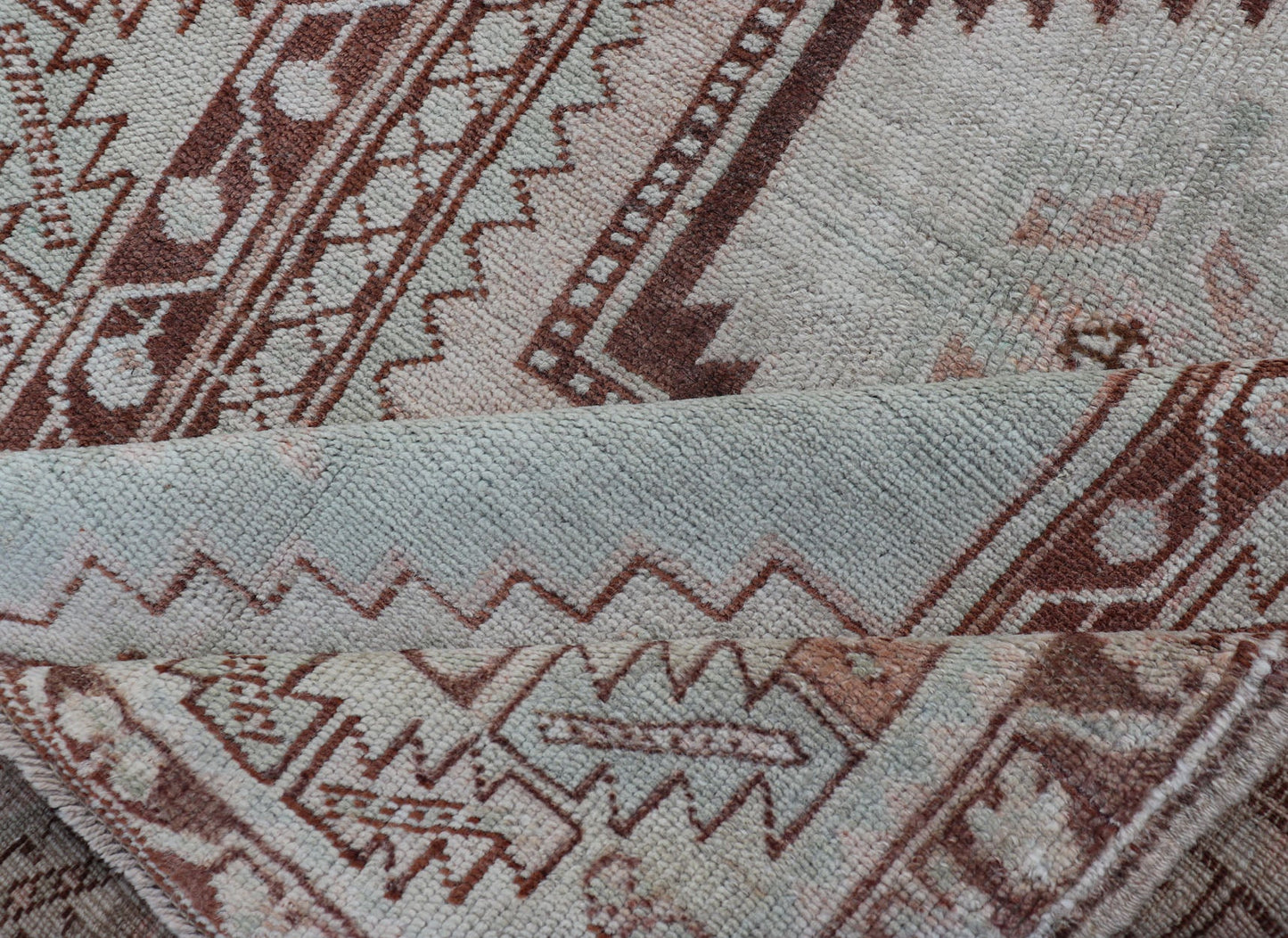 Turkish Oushak vintage rug with Traditional Design in Muted Blue, Brown, salmon. Vintage Muted color antique Turkish Oushak carpet with traditional floral medallion design, rug EN - 178029, country of origin / type: Turkey / Oushak, circa 1940 ... - Keivan Woven ArtsEN - 178029 - 14414Rug
