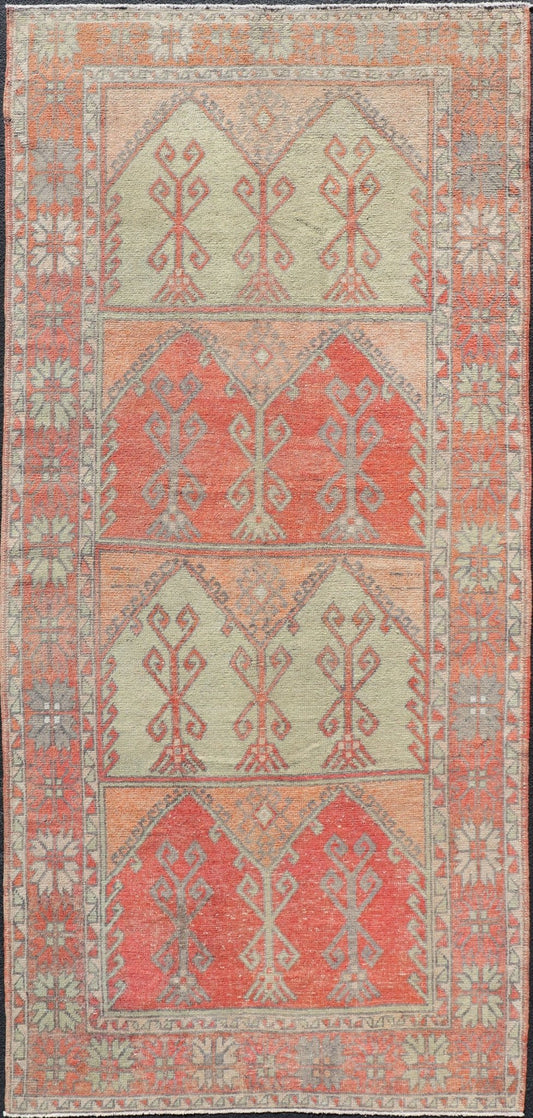 Gallery Rug, Vintage Turkish in Faded Red, Coral, Orange, Soft Pink and Green. Turkish gallery rug with faded colors, rug EN - 178032, country of origin / type: Turkey / Oushak, circa 1940 This fun and vibrant Oushak runner from 1930s feat... - Keivan Woven ArtsEN - 178032 - 14242Rug