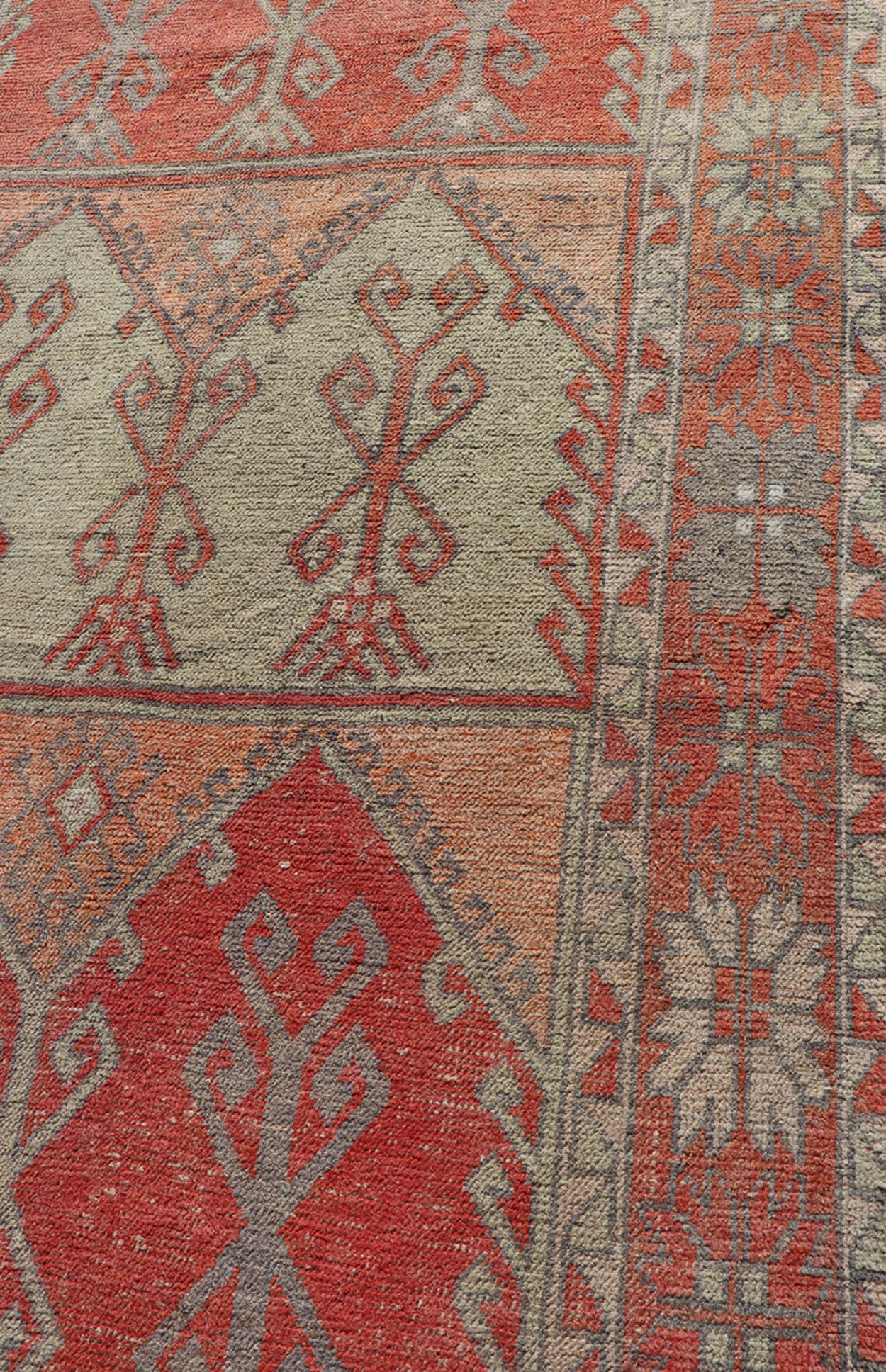 Gallery Rug, Vintage Turkish in Faded Red, Coral, Orange, Soft Pink and Green. Turkish gallery rug with faded colors, rug EN - 178032, country of origin / type: Turkey / Oushak, circa 1940 This fun and vibrant Oushak runner from 1930s feat... - Keivan Woven ArtsEN - 178032 - 14242Rug