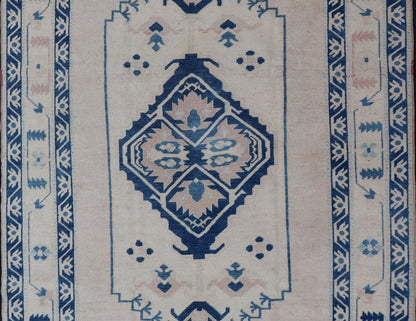 Blue, Cream & Green Vintage Oushak Rug with Geometric Medallion & Tribal Design. Vintage Oushak carpet with medallion design, rug EN - 178035, country of origin / type: Turkey / Oushak, circa 1950 This vintage Oushak carpet from mid - 20th c... - Keivan Woven ArtsEN - 178035 - 14246Rug