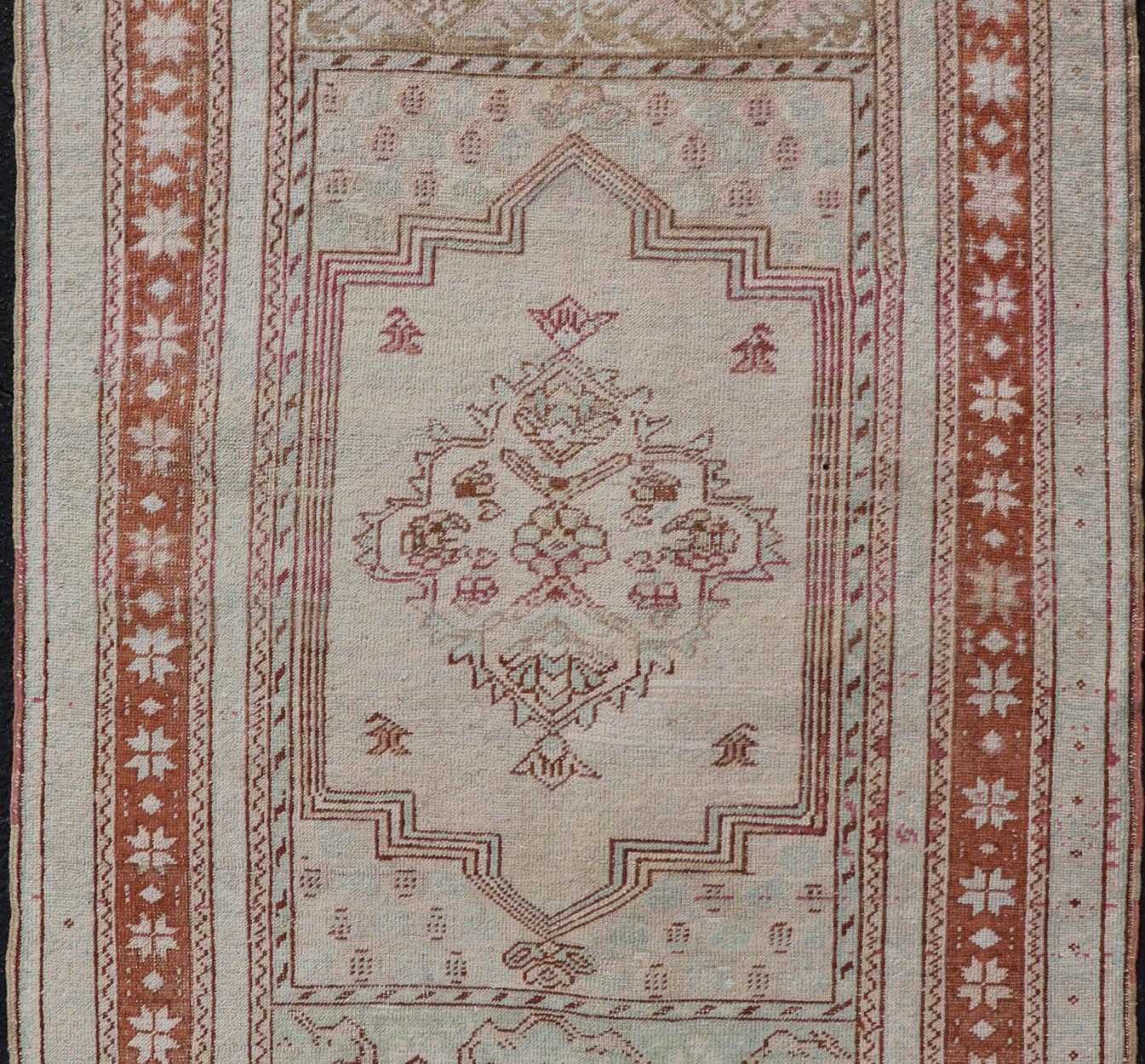 Vintage Turkish Oushak Rug with Medallion Design in Taupe, Light Green, & Brown Measures: 3'4 x 5'4 Hand - knotted in Turkey during the 1940's, this vintage Oushak features a great medallion and layer cornices. The field is lined in a bro... - Keivan Woven ArtsEN - 178056 - 18661Rug