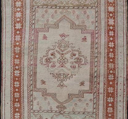 Vintage Turkish Oushak Rug with Medallion Design in Taupe, Light Green, & Brown Measures: 3'4 x 5'4 Hand - knotted in Turkey during the 1940's, this vintage Oushak features a great medallion and layer cornices. The field is lined in a bro... - Keivan Woven ArtsEN - 178056 - 18661Rug