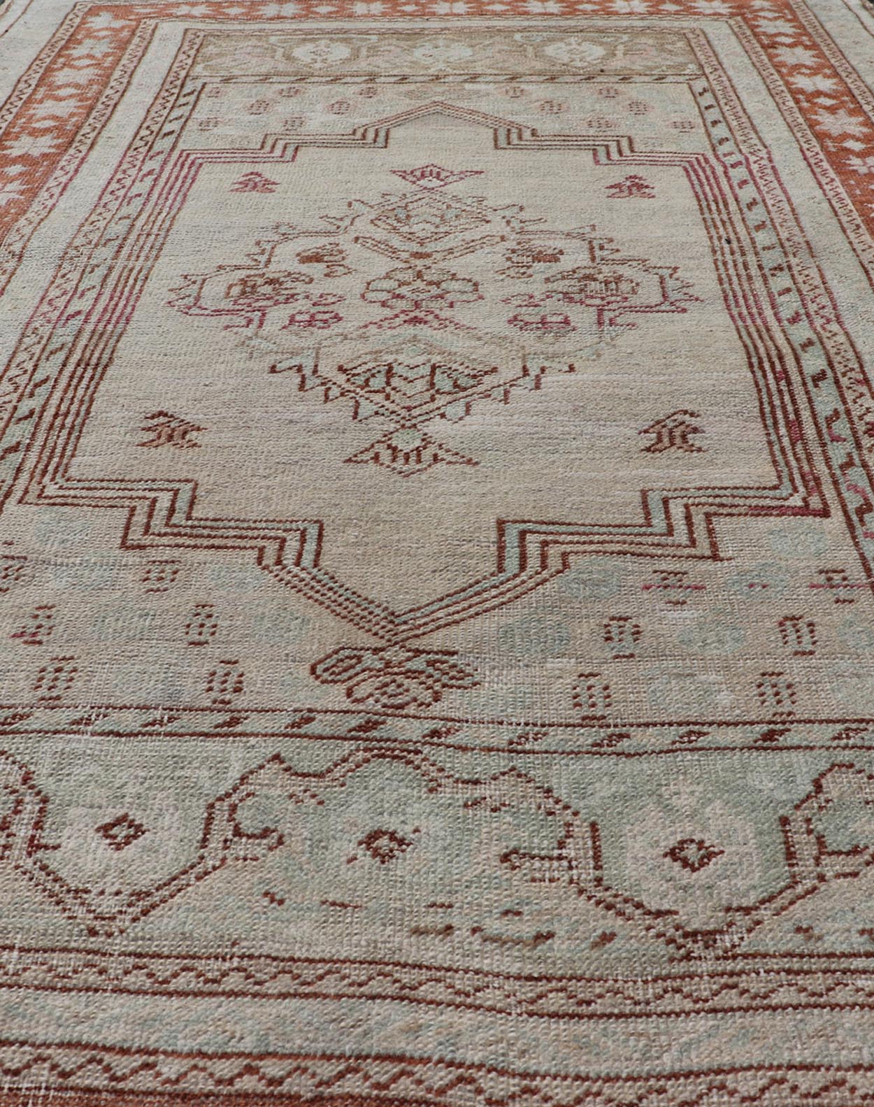 Vintage Turkish Oushak Rug with Medallion Design in Taupe, Light Green, & Brown Measures: 3'4 x 5'4 Hand - knotted in Turkey during the 1940's, this vintage Oushak features a great medallion and layer cornices. The field is lined in a bro... - Keivan Woven ArtsEN - 178056 - 18661Rug