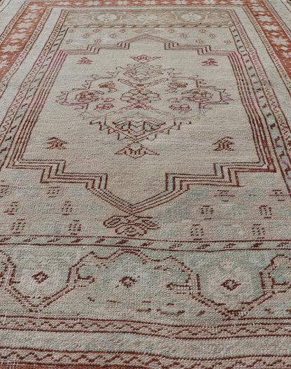 Vintage Turkish Oushak Rug with Medallion Design in Taupe, Light Green, & Brown Measures: 3'4 x 5'4 Hand - knotted in Turkey during the 1940's, this vintage Oushak features a great medallion and layer cornices. The field is lined in a bro... - Keivan Woven ArtsEN - 178056 - 18661Rug