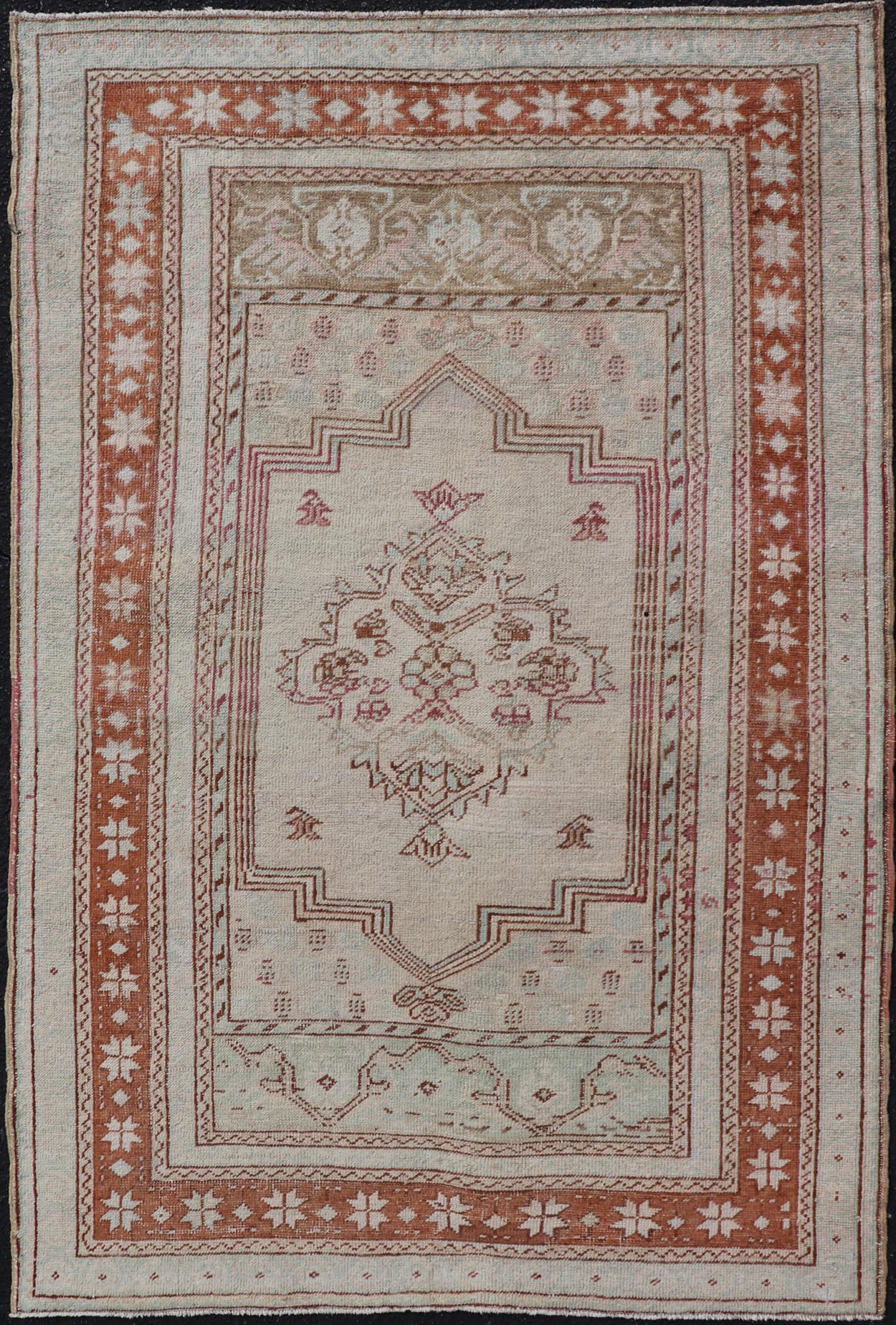 Vintage Turkish Oushak Rug with Medallion Design in Taupe, Light Green, & Brown Measures: 3'4 x 5'4 Hand - knotted in Turkey during the 1940's, this vintage Oushak features a great medallion and layer cornices. The field is lined in a bro... - Keivan Woven ArtsEN - 178056 - 18661Rug