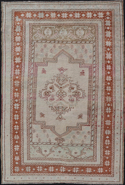 Vintage Turkish Oushak Rug with Medallion Design in Taupe, Light Green, & Brown Measures: 3'4 x 5'4 Hand - knotted in Turkey during the 1940's, this vintage Oushak features a great medallion and layer cornices. The field is lined in a bro... - Keivan Woven ArtsEN - 178056 - 18661Rug