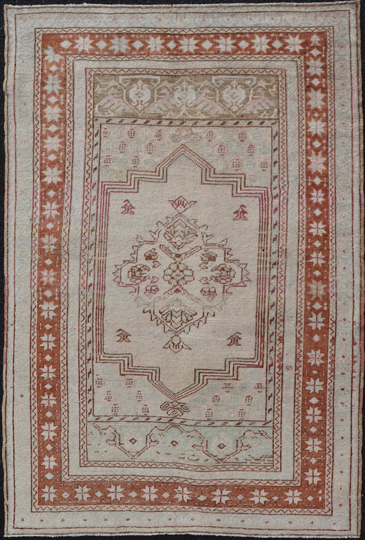 Vintage Turkish Oushak Rug with Medallion Design in Taupe, Light Green, & Brown Measures: 3'4 x 5'4 Hand - knotted in Turkey during the 1940's, this vintage Oushak features a great medallion and layer cornices. The field is lined in a bro... - Keivan Woven ArtsEN - 178056 - 18661Rug