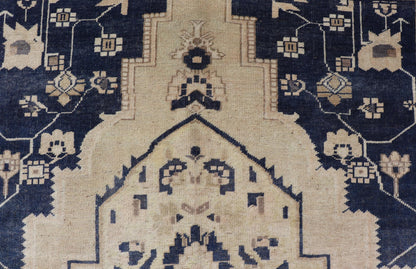 Vintage Hand - Knotted Turkish Oushak in Wool with Sub - Geometric Medallion Design This vintage Turkish Oushak rug has been hand - knotted in wool and features a large central medallion design rendered in blue, cream, tan and ivory tones. A compleme... - Keivan Woven ArtsEN - 178064 - 19508