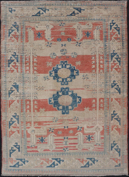 Tribal Medallion Design Vintage Turkish Oushak in Cream, Blue, and Terracotta Measures: 4'5 x 6'7 This vintage Oushak has repeating motifs in terracotta, cream, and blue encasing multiple motifs and the striped field. The eccentric fiel... - Keivan Woven ArtsEN - 178200 - 18884Rug