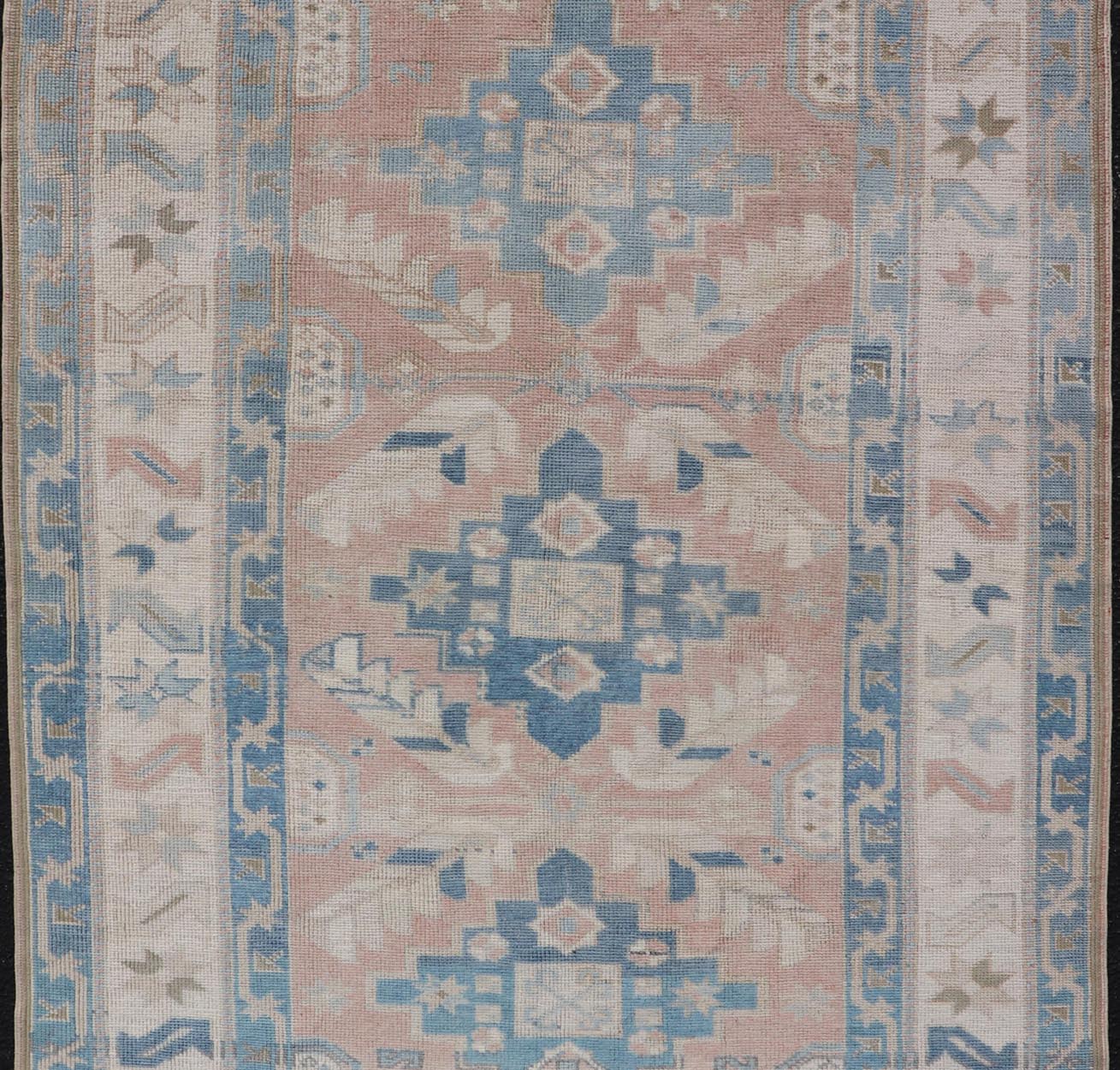 Turkish Oushak Vintage Carpet with Tri Medallion Design. Turkish Oushak Vintage Carpet from Turkey a variety of blue, salmon, beige and natural tones. Keivan Woven Arts / rug EN - 178331, country of origin / type: Turkey / Oushak, circa 1940 Measu... - Keivan Woven ArtsEN - 178331 - 23625Rug