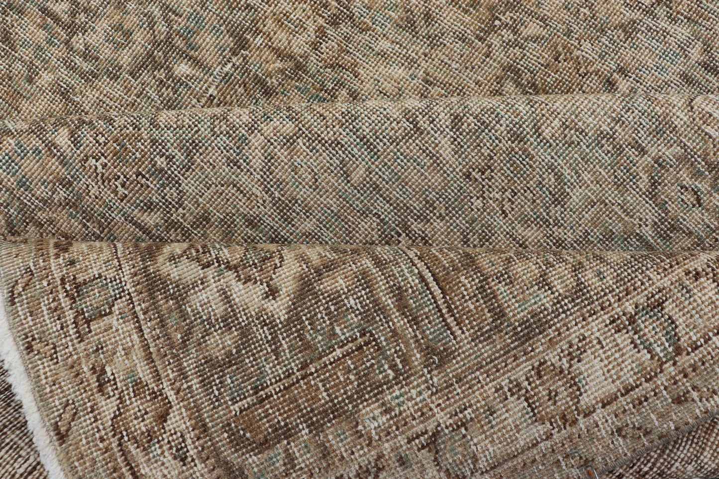 Light Green, Brown & Tan Persian Tabriz Antique Rug in All Over Herati Design . Distressed antique Tabriz in light green background, Brown, taupe and tan colors, Antique Persian Tabriz rug, rug EN - 178439, country of origin / type: Iran / Tabriz... - Keivan Woven ArtsEN - 178439 - 14250Rug