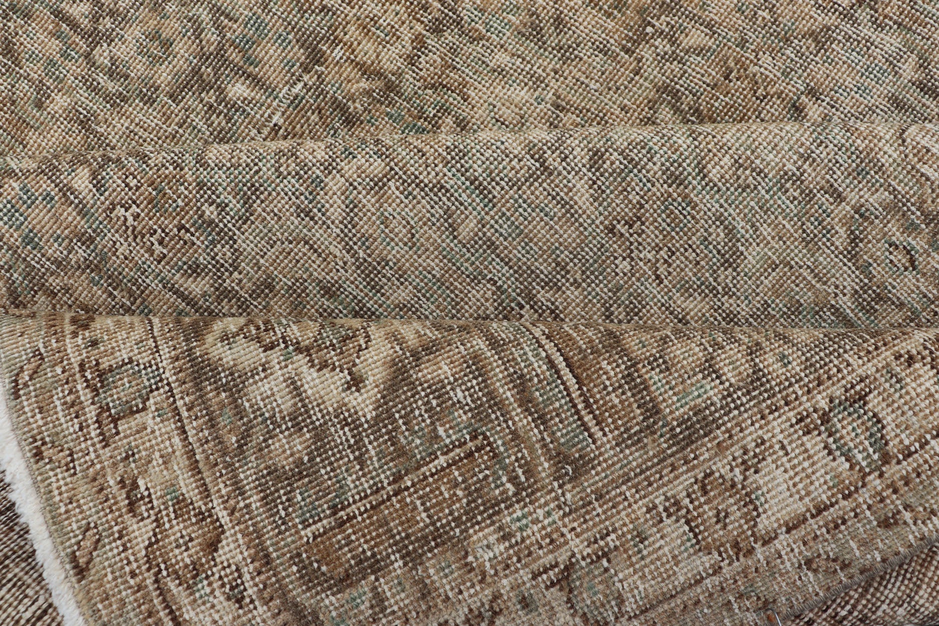 Light Green, Brown & Tan Persian Tabriz Antique Rug in All Over Herati Design . Distressed antique Tabriz in light green background, Brown, taupe and tan colors, Antique Persian Tabriz rug, rug EN - 178439, country of origin / type: Iran / Tabriz... - Keivan Woven ArtsEN - 178439 - 14250Rug