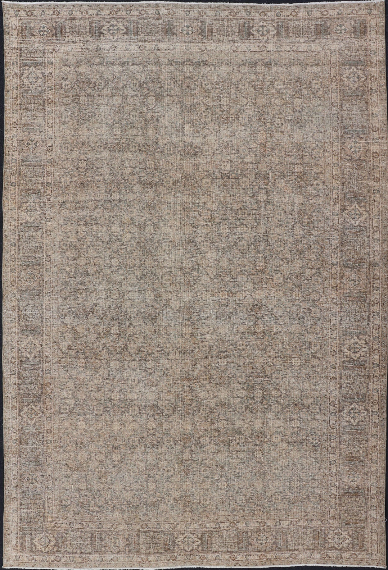 Light Green, Brown & Tan Persian Tabriz Antique Rug in All Over Herati Design . Distressed antique Tabriz in light green background, Brown, taupe and tan colors, Antique Persian Tabriz rug, rug EN - 178439, country of origin / type: Iran / Tabriz... - Keivan Woven ArtsEN - 178439 - 14250Rug