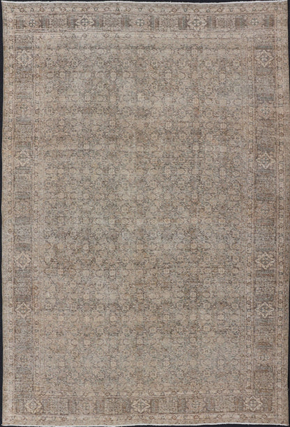 Light Green, Brown & Tan Persian Tabriz Antique Rug in All Over Herati Design . Distressed antique Tabriz in light green background, Brown, taupe and tan colors, Antique Persian Tabriz rug, rug EN - 178439, country of origin / type: Iran / Tabriz... - Keivan Woven ArtsEN - 178439 - 14250Rug