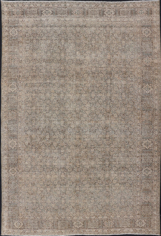 Light Green, Brown & Tan Persian Tabriz Antique Rug in All Over Herati Design . Distressed antique Tabriz in light green background, Brown, taupe and tan colors, Antique Persian Tabriz rug, rug EN - 178439, country of origin / type: Iran / Tabriz... - Keivan Woven ArtsEN - 178439 - 14250Rug