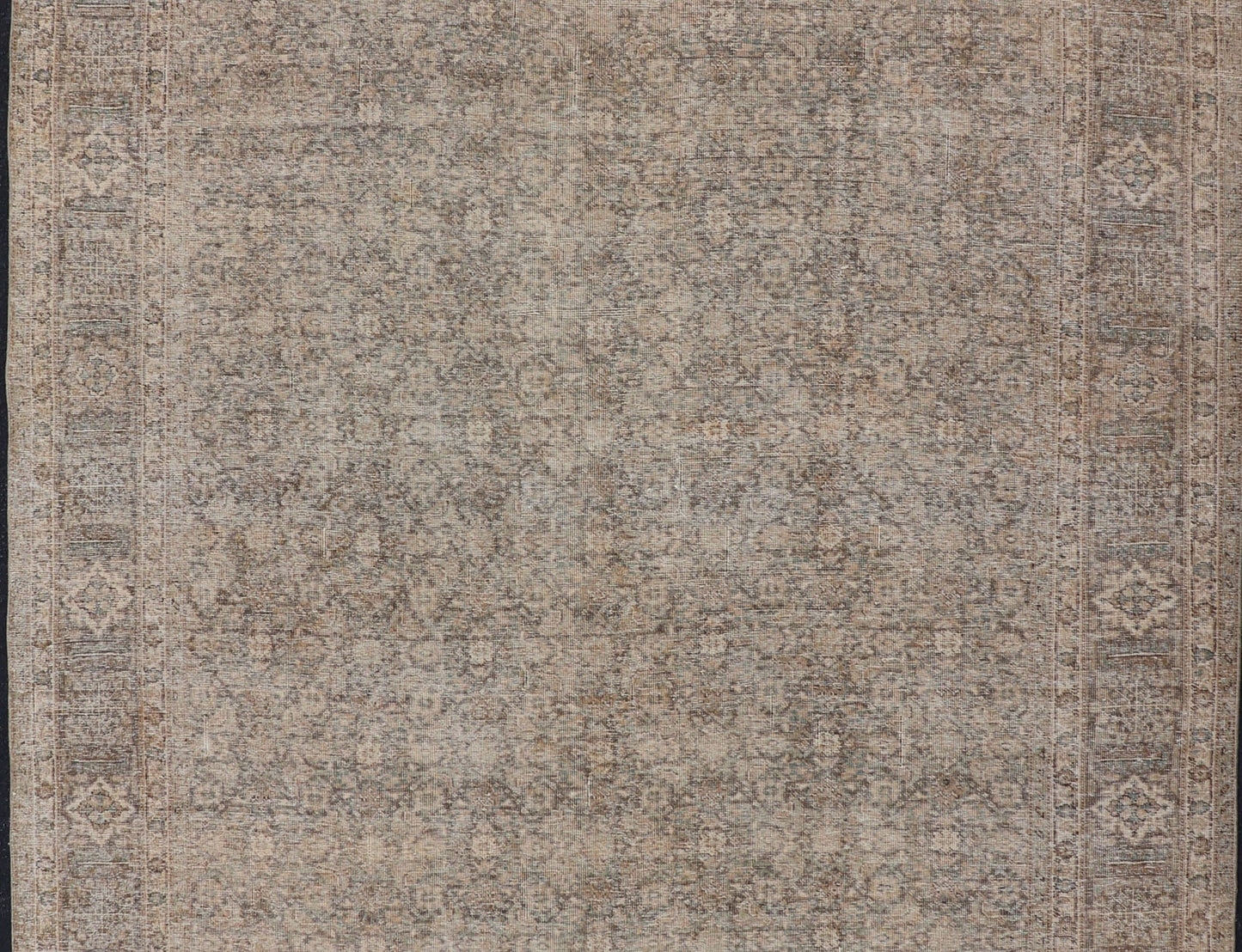 Light Green, Brown & Tan Persian Tabriz Antique Rug in All Over Herati Design . Distressed antique Tabriz in light green background, Brown, taupe and tan colors, Antique Persian Tabriz rug, rug EN - 178439, country of origin / type: Iran / Tabriz... - Keivan Woven ArtsEN - 178439 - 14250Rug