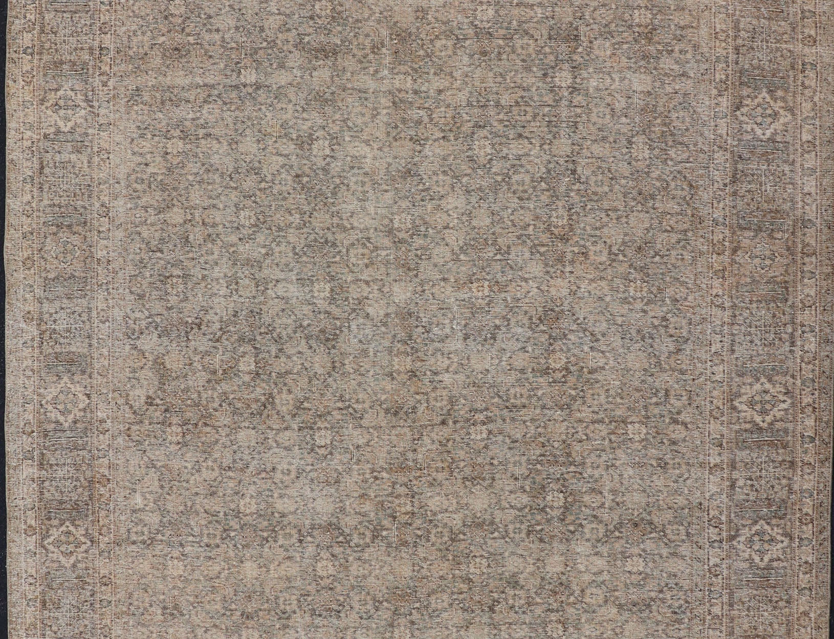 Light Green, Brown & Tan Persian Tabriz Antique Rug in All Over Herati Design . Distressed antique Tabriz in light green background, Brown, taupe and tan colors, Antique Persian Tabriz rug, rug EN - 178439, country of origin / type: Iran / Tabriz... - Keivan Woven ArtsEN - 178439 - 14250Rug