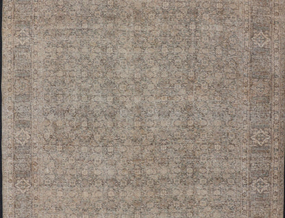 Light Green, Brown & Tan Persian Tabriz Antique Rug in All Over Herati Design . Distressed antique Tabriz in light green background, Brown, taupe and tan colors, Antique Persian Tabriz rug, rug EN - 178439, country of origin / type: Iran / Tabriz... - Keivan Woven ArtsEN - 178439 - 14250Rug
