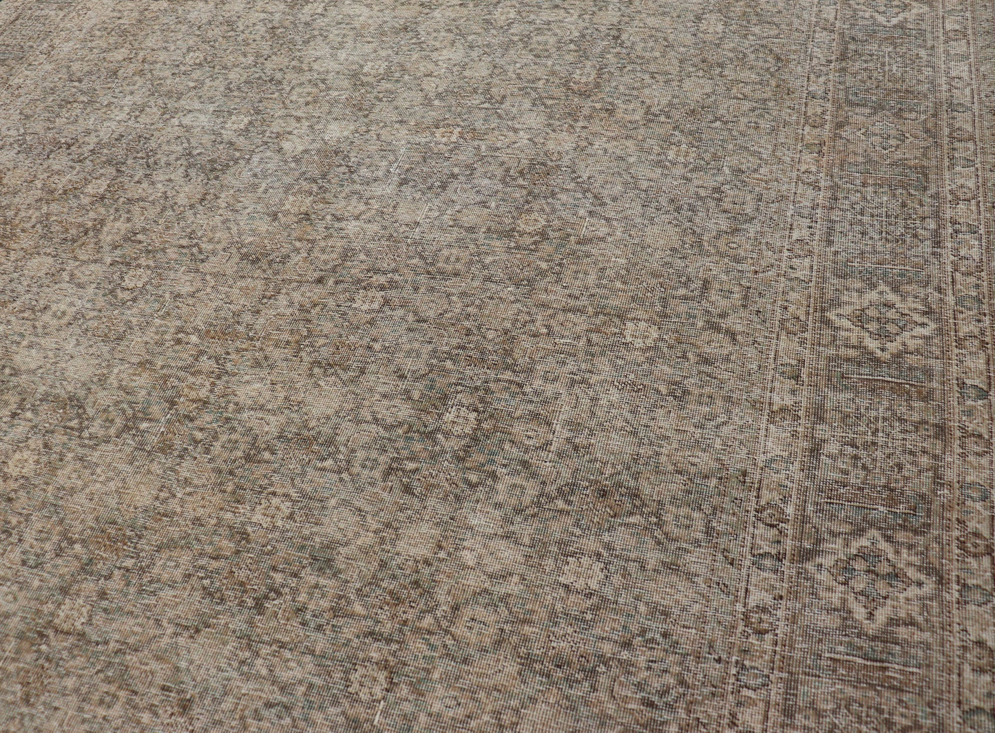 Light Green, Brown & Tan Persian Tabriz Antique Rug in All Over Herati Design . Distressed antique Tabriz in light green background, Brown, taupe and tan colors, Antique Persian Tabriz rug, rug EN - 178439, country of origin / type: Iran / Tabriz... - Keivan Woven ArtsEN - 178439 - 14250Rug