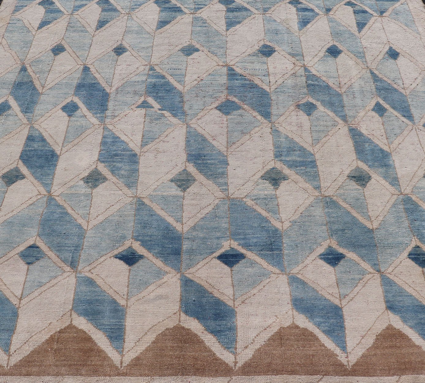 Square Vintage Turkish Oushak Kars Rug in Modern Design With Blue and Light Brown Colors Measures: 7'8 x 8'2. Vintage Turkish Kars Rug, Keivan Woven Arts / rug EN - 178450, country of origin / type: Turkey / Oushak, circa Mid - 20th centur... - Keivan Woven ArtsEN - 178450 - 17994Rug
