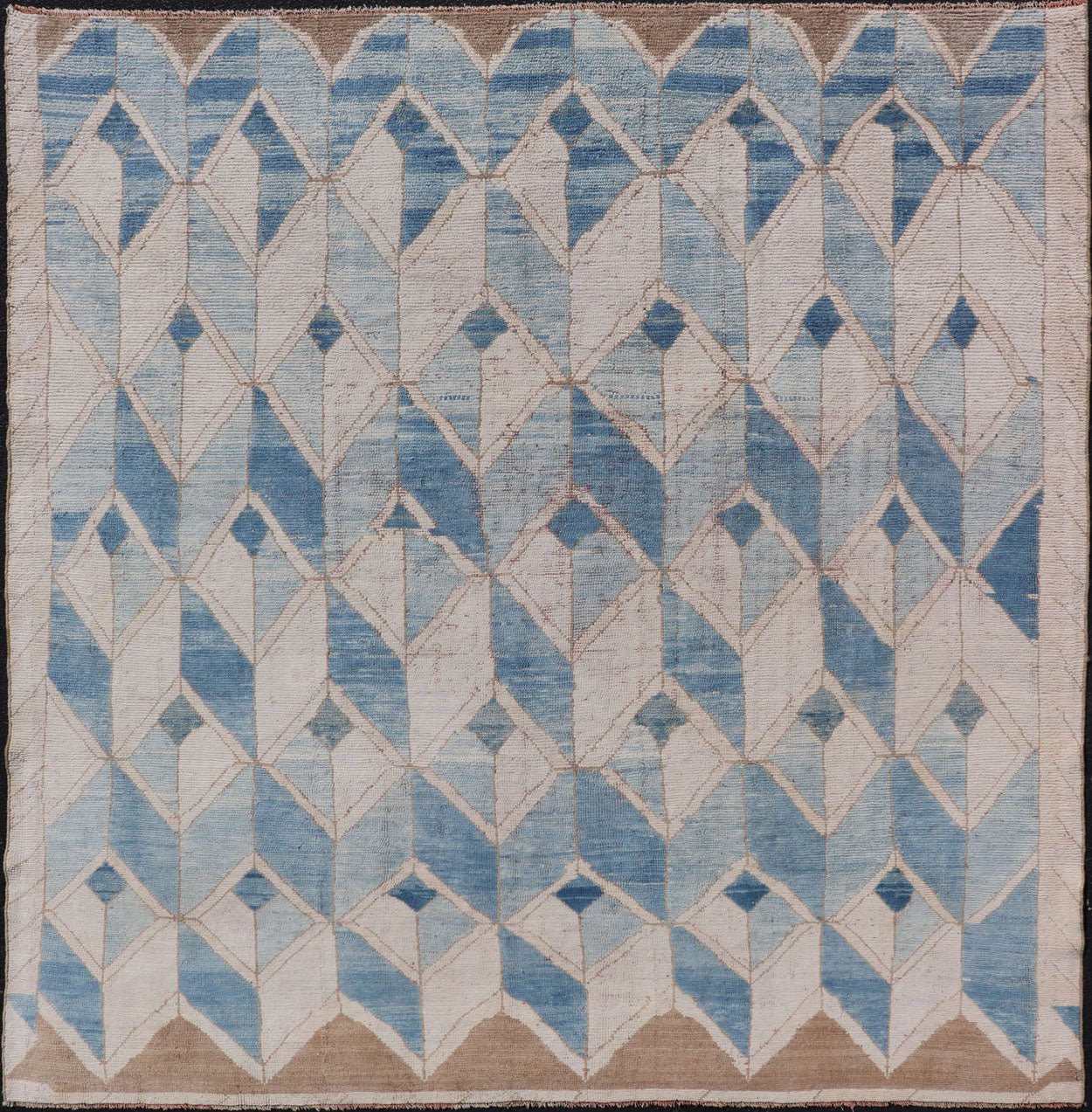 Square Vintage Turkish Oushak Kars Rug in Modern Design With Blue and Light Brown Colors Measures: 7'8 x 8'2. Vintage Turkish Kars Rug, Keivan Woven Arts / rug EN - 178450, country of origin / type: Turkey / Oushak, circa Mid - 20th centur... - Keivan Woven ArtsEN - 178450 - 17994Rug