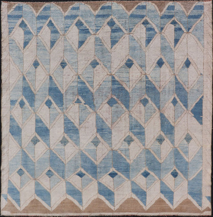 Square Vintage Turkish Oushak Kars Rug in Modern Design With Blue and Light Brown Colors Measures: 7'8 x 8'2. Vintage Turkish Kars Rug, Keivan Woven Arts / rug EN - 178450, country of origin / type: Turkey / Oushak, circa Mid - 20th centur... - Keivan Woven ArtsEN - 178450 - 17994Rug