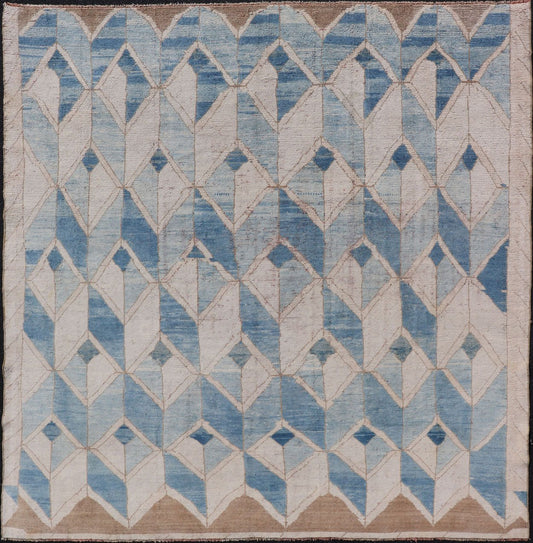 Square Vintage Turkish Oushak Kars Rug in Modern Design With Blue and Light Brown Colors Measures: 7'8 x 8'2. Vintage Turkish Kars Rug, Keivan Woven Arts / rug EN - 178450, country of origin / type: Turkey / Oushak, circa Mid - 20th centur... - Keivan Woven ArtsEN - 178450 - 17994Rug