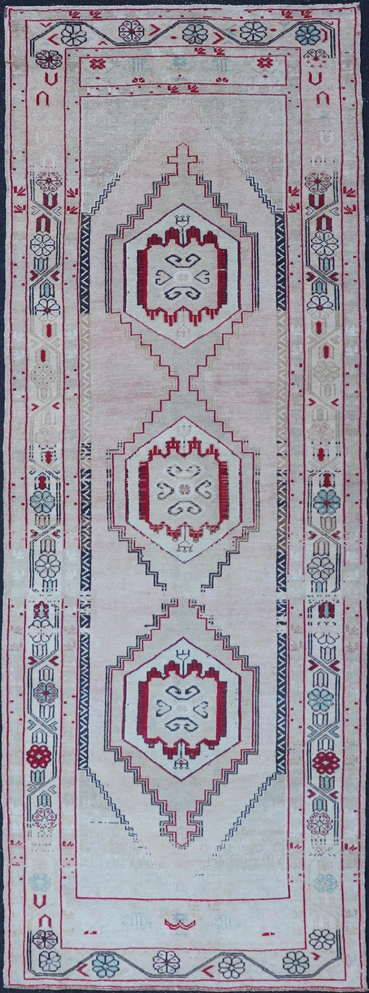 Vintage Turkish Oushak Runner with Medallions in Cream, dark blue, pink and Red. Keivan Woven Arts / rug EN - 178468, country of origin / type: Turkey / Oushak, circa 1940. Measures: 3'7 x 10'6 This Turkish Oushak runner features stylized ... - Keivan Woven ArtsEN - 178468 - 23631Rug