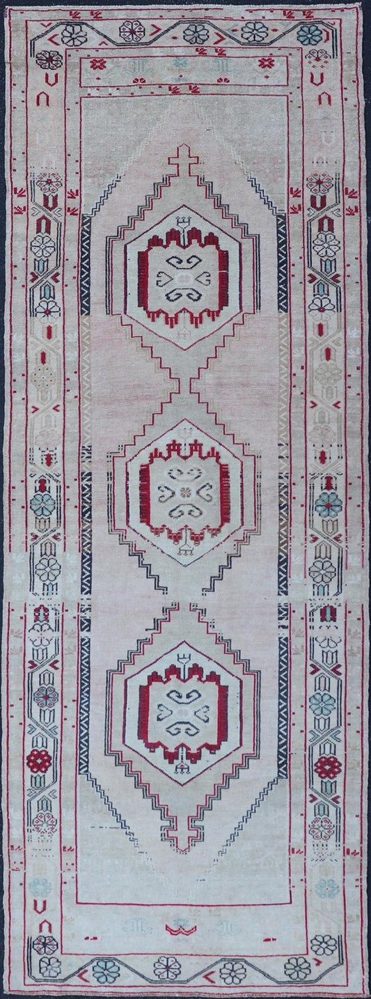 Vintage Turkish Oushak Runner with Medallions in Cream, dark blue, pink and Red. Keivan Woven Arts / rug EN - 178468, country of origin / type: Turkey / Oushak, circa 1940. Measures: 3'7 x 10'6 This Turkish Oushak runner features stylized ... - Keivan Woven ArtsEN - 178468 - 23631Rug