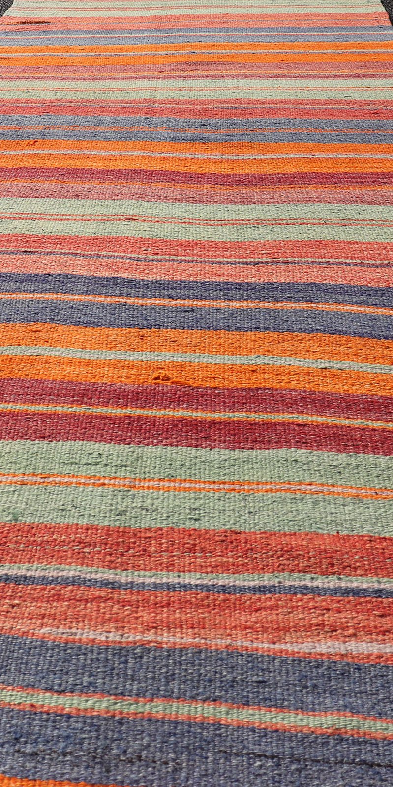 Vintage Turkish Kilim with Horizontal Stripes in Multicolor Vintage Kilim Rug, rug EN - 178613, country of origin / type: Turkey / Kilim, circa Mid - 20th Century. Measures: 2'10 x 11'8. - Keivan Woven ArtsEN - 178613 - 18437Rug