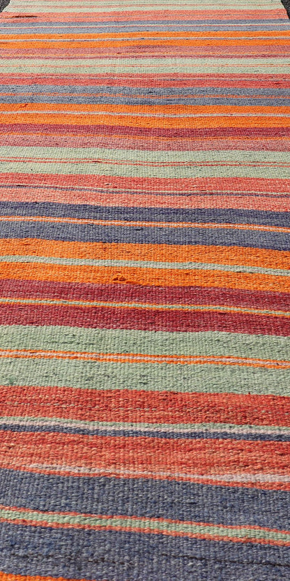 Vintage Turkish Kilim with Horizontal Stripes in Multicolor Vintage Kilim Rug, rug EN - 178613, country of origin / type: Turkey / Kilim, circa Mid - 20th Century. Measures: 2'10 x 11'8. - Keivan Woven ArtsEN - 178613 - 18437Rug