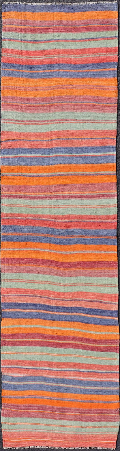 Vintage Turkish Kilim with Horizontal Stripes in Multicolor Vintage Kilim Rug, rug EN - 178613, country of origin / type: Turkey / Kilim, circa Mid - 20th Century. Measures: 2'10 x 11'8. - Keivan Woven ArtsEN - 178613 - 18437Rug