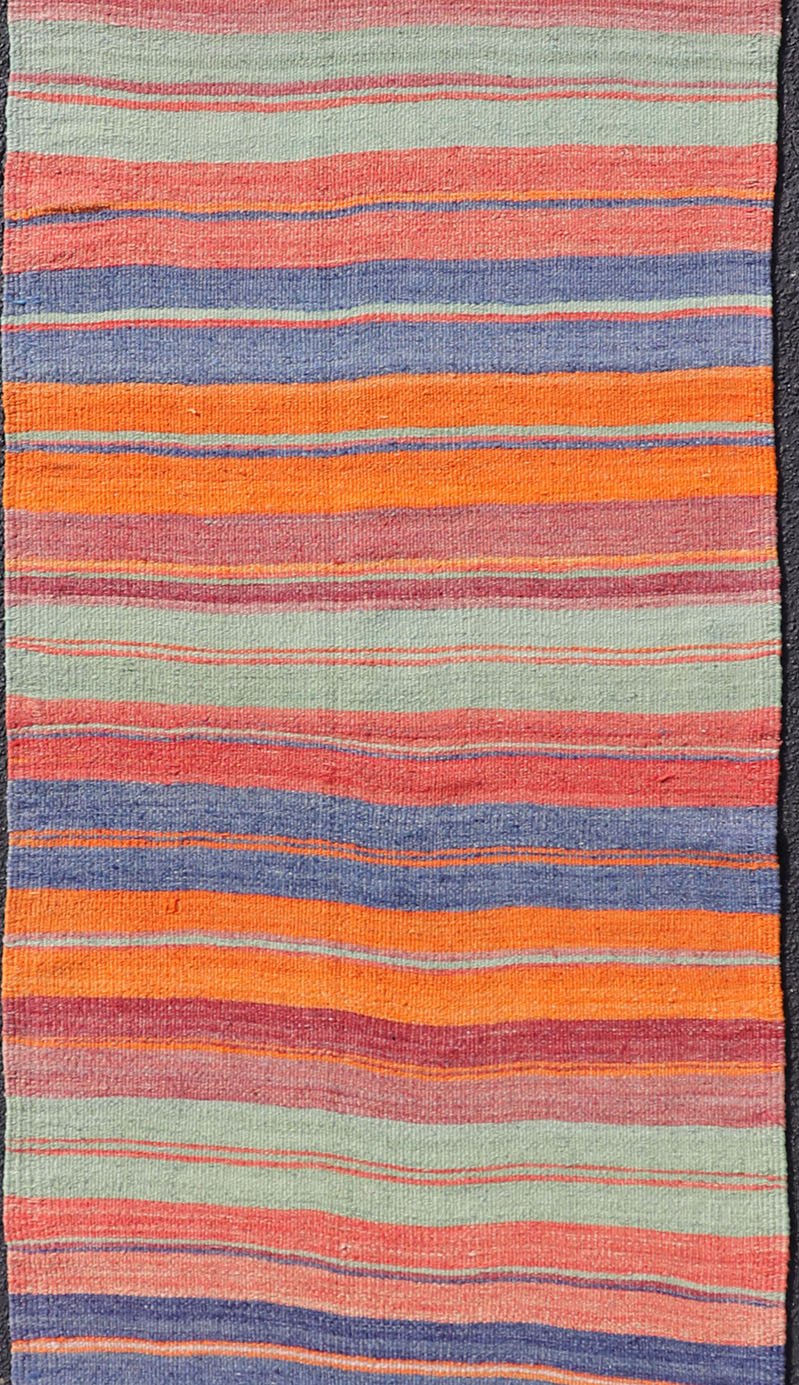 Vintage Turkish Kilim with Horizontal Stripes in Multicolor Vintage Kilim Rug, rug EN - 178613, country of origin / type: Turkey / Kilim, circa Mid - 20th Century. Measures: 2'10 x 11'8. - Keivan Woven ArtsEN - 178613 - 18437Rug