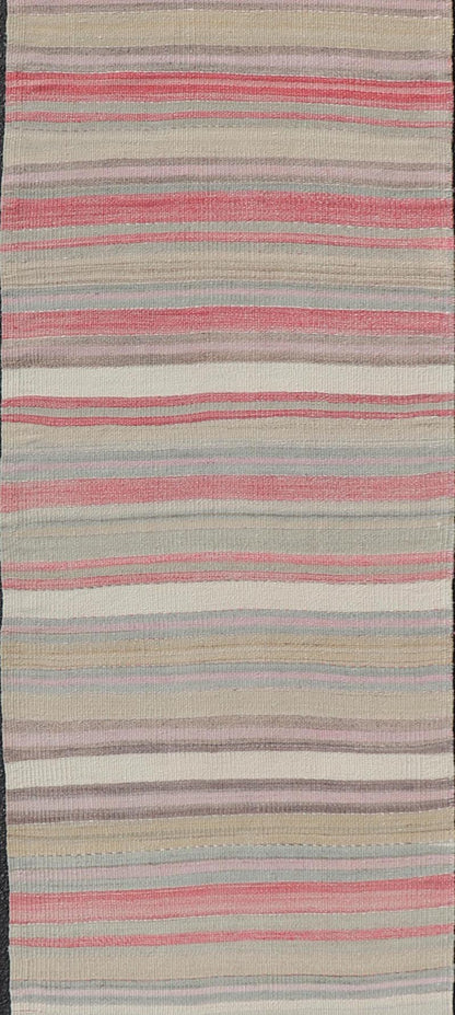 Colorful Vintage Turkish Kilim Runner with Stripes and Multi Colors. Keivan Woven Arts / rug EN - 178649, country of origin / type: Turkey / Kilim, circa Mid - 20th century. Measures: 2'6 x 13'5 Featuring a repeating horizontal stripe design, this u... - Keivan Woven ArtsEN - 178649 - 23637Rug