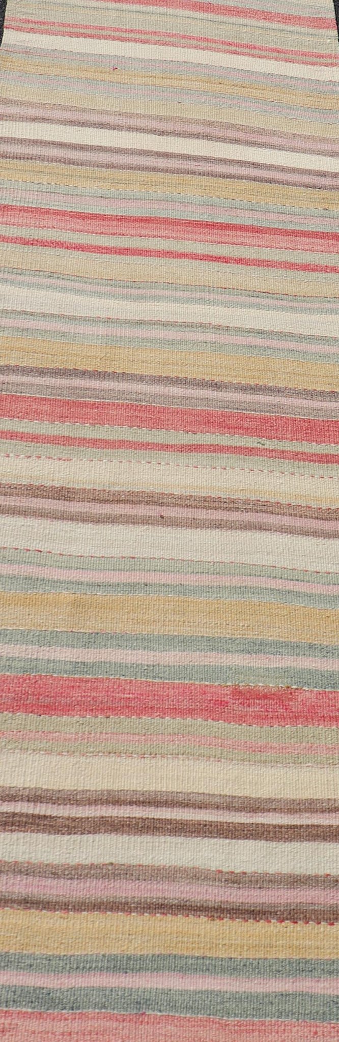 Colorful Vintage Turkish Kilim Runner with Stripes and Multi Colors. Keivan Woven Arts / rug EN - 178649, country of origin / type: Turkey / Kilim, circa Mid - 20th century. Measures: 2'6 x 13'5 Featuring a repeating horizontal stripe design, this u... - Keivan Woven ArtsEN - 178649 - 23637Rug