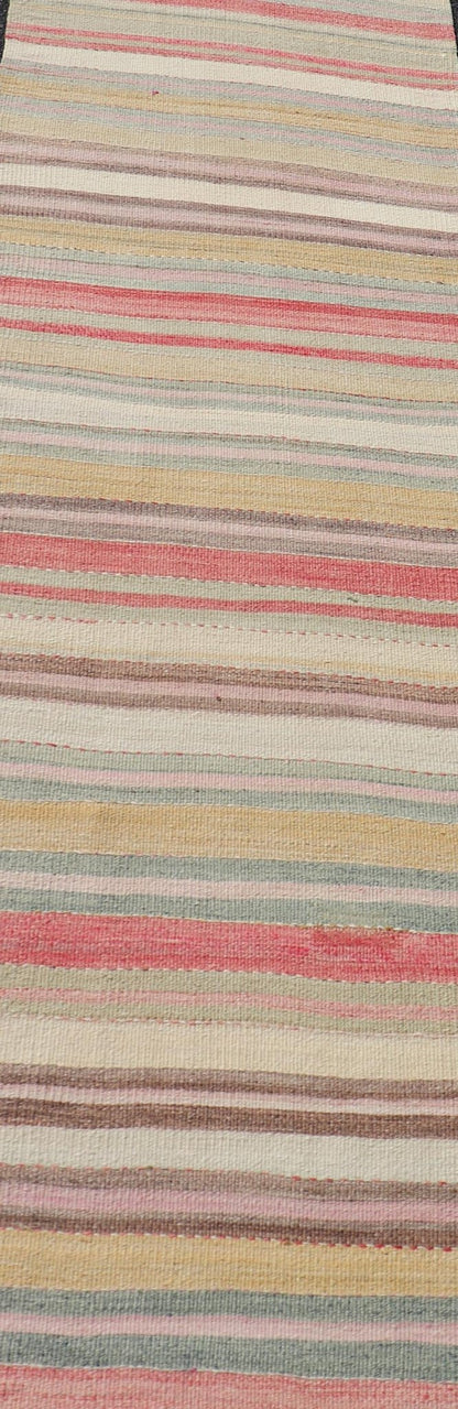 Colorful Vintage Turkish Kilim Runner with Stripes and Multi Colors. Keivan Woven Arts / rug EN - 178649, country of origin / type: Turkey / Kilim, circa Mid - 20th century. Measures: 2'6 x 13'5 Featuring a repeating horizontal stripe design, this u... - Keivan Woven ArtsEN - 178649 - 23637Rug