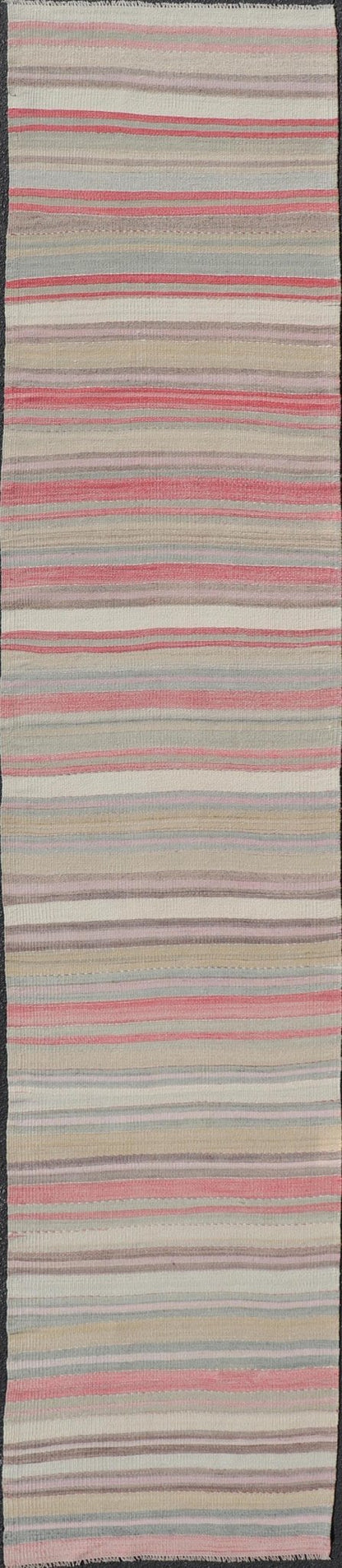 Colorful Vintage Turkish Kilim Runner with Stripes and Multi Colors. Keivan Woven Arts / rug EN - 178649, country of origin / type: Turkey / Kilim, circa Mid - 20th century. Measures: 2'6 x 13'5 Featuring a repeating horizontal stripe design, this u... - Keivan Woven ArtsEN - 178649 - 23637Rug