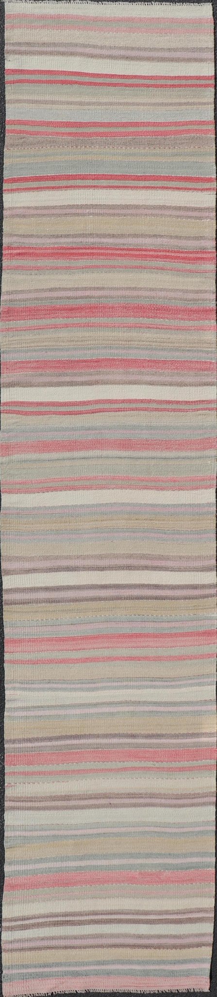 Colorful Vintage Turkish Kilim Runner with Stripes and Multi Colors. Keivan Woven Arts / rug EN - 178649, country of origin / type: Turkey / Kilim, circa Mid - 20th century. Measures: 2'6 x 13'5 Featuring a repeating horizontal stripe design, this u... - Keivan Woven ArtsEN - 178649 - 23637Rug